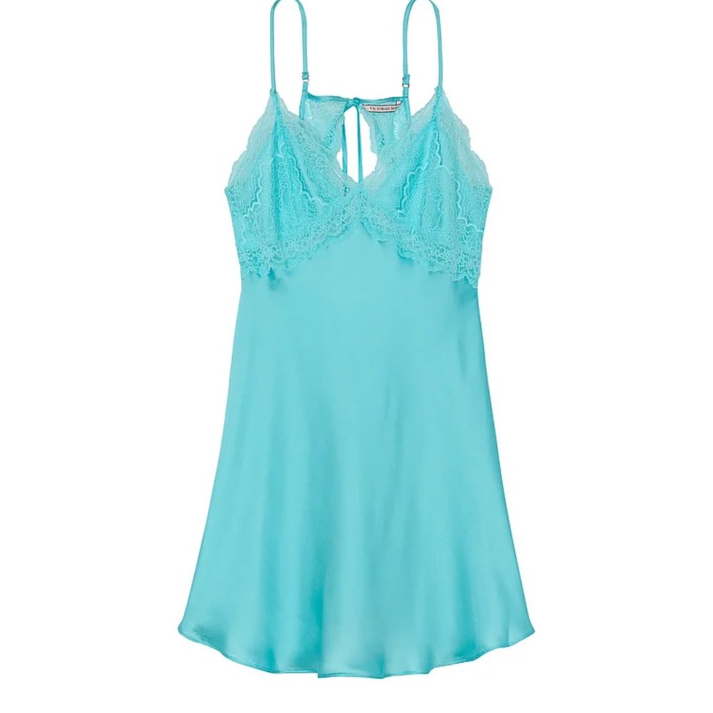 Victoria's Secret Lace Plunge Open-Back Slip - Cool Aqua - L - NWT - Picture 3 of 4